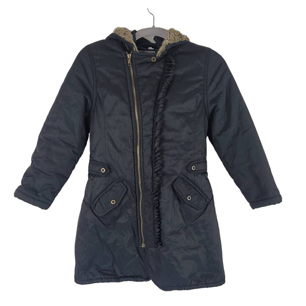 Eliane et Lena Girls Moto Ruffle Removable Hooded Long Line Winter Coat 8A